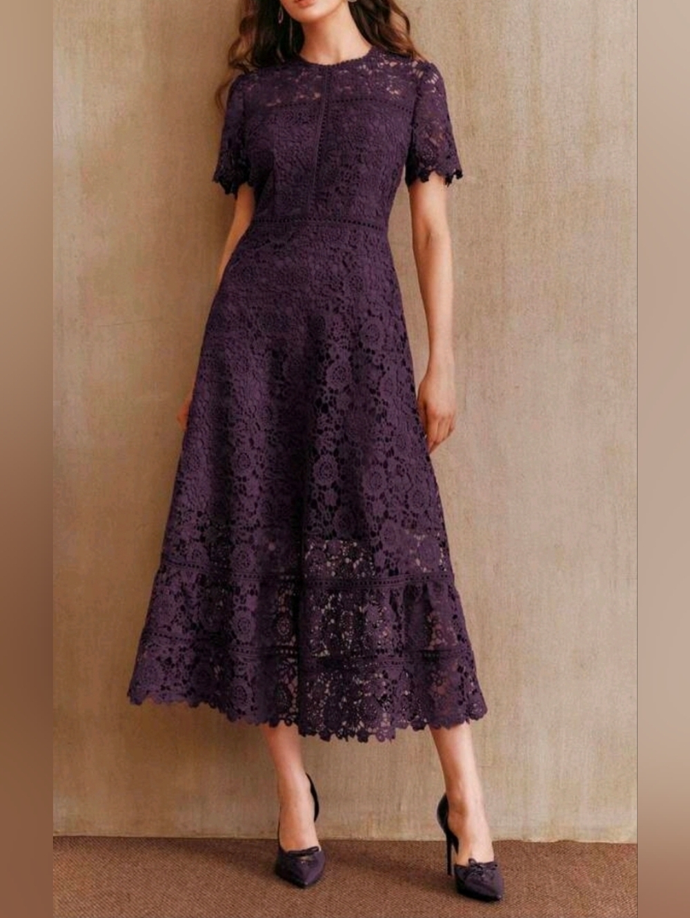 New Embroidered Floral Lace Ruffle Hem Midi Dress Short Sleeve Purple